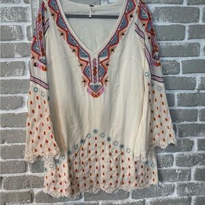 Free People Cream Embellished Tunic 3/4 Sleeve